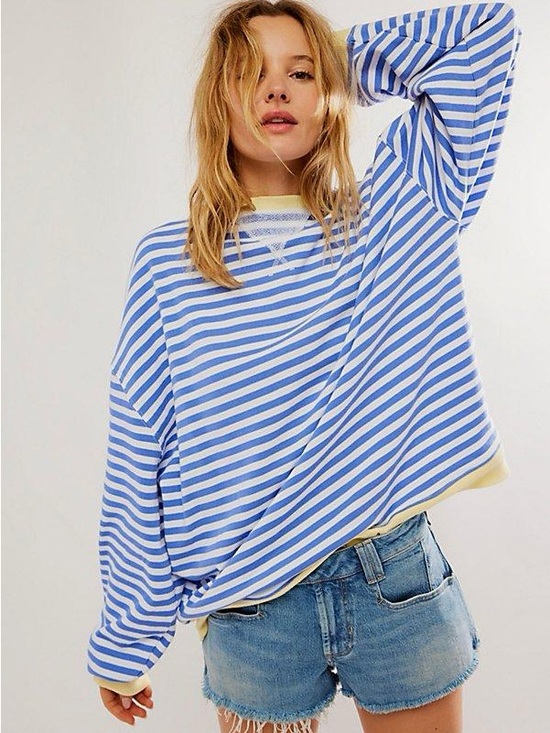 Free People Tops - Blue & White Striped Oversized Women's Top